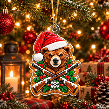 Maxcorners Wildlife Hunting Wild Forest Animal Head Wearing Santa Hat Crossed Rifles Holly Berries Snowflake Pine Wreath Christmas Ornament