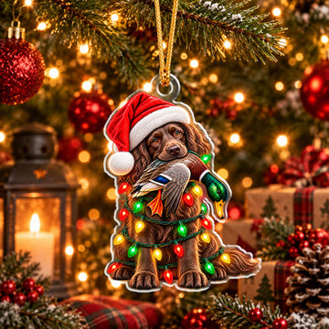 Maxcorners Hunting Dog Wearing Santa Hat Holding Wild Bird Catch Wrapped in String Lights Christmas Ornament