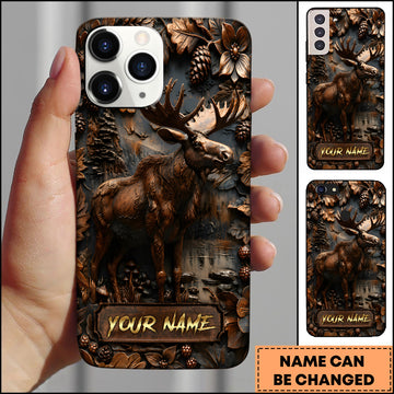 Maxcorners Moose Wildlife Rustic Wood Carving Forest Antlers Multiple Options Personalized Name Phone Case