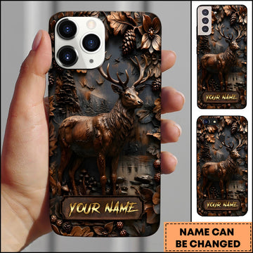 Maxcorners Deer Wildlife Rustic Wood Carving Forest Antlers Multiple Options Personalized Name Phone Case