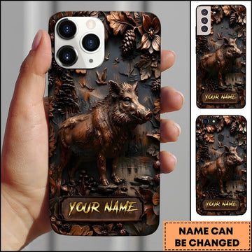 Maxcorners Wild Boar Wildlife Rustic Wood Carving Forest Art Multiple Options Personalized Name Phone Case