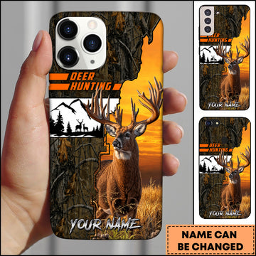 Maxcorners Deer Hunting Whitetail Buck Orange Sunset Camo Forest Multiple Options Personalized Name Phone Case