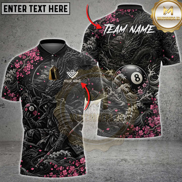 Maxcorners Billiards 8 Ball Japanese Samurai Dragon Pink Cherry Blossom Multi Options Personalized Name, Team Name Unisex 3D Shirt (5 Colors)