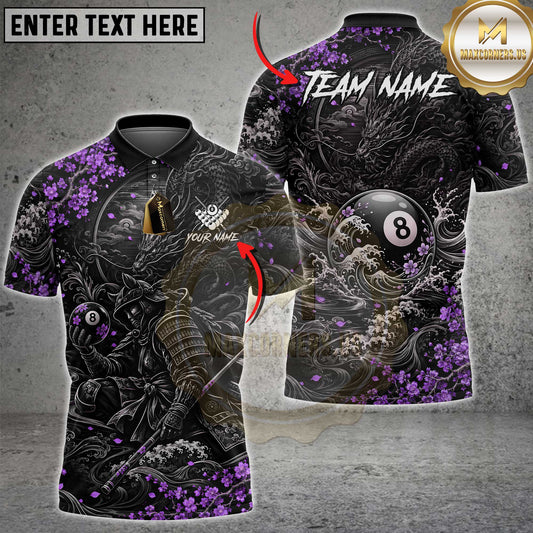 Maxcorners Billiards 8 Ball Japanese Samurai Dragon Pink Cherry Blossom Multi Options Personalized Name, Team Name Unisex 3D Shirt (5 Colors)