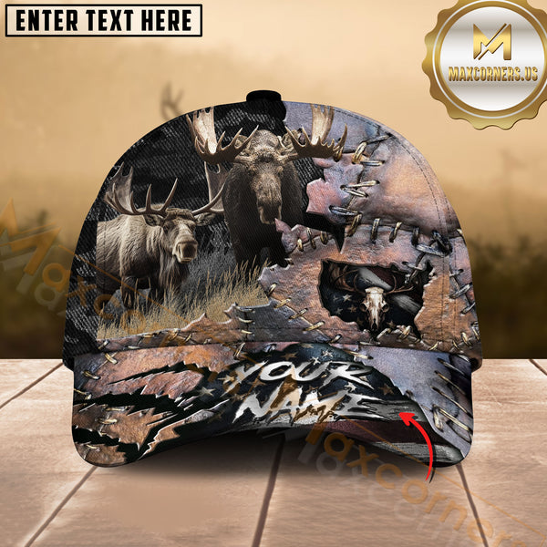 Maxcorners Hunting Leather Patch Ripped Style 3D Personalized Name 3D Cap (Deer/Moose/Boar/Bear)