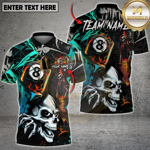 Maxcorners Billiard Shirt Skull Fire 8 Ball Neon Street Art Style Multi Options Personalized Name, Team Name 3D Shirt