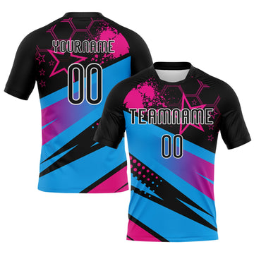 Maxcorners Custom Black Sky Blue-Pink Geometric Shape And Splash Sublimation Volleyball Uniform Jersey LM2605