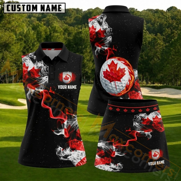 Maxcorners Black Red Canadian Maple Leaf Personalized Name 3D Golf Shirt and Golf Skirt