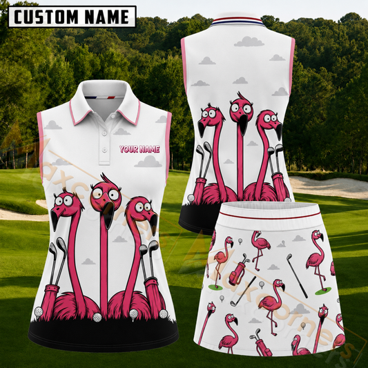 Maxcorners Funny Pink Flamingo Personalized Name 3D Golf Shirt and Golf Skirt