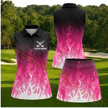 Maxcorners Black Pink Flame Personalized Name 3D Golf Shirt and Golf Skirt
