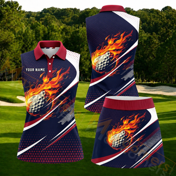 Maxcorners Navy Red Flaming Golf Ball Personalized Name 3D Golf Shirt and Golf Skirt