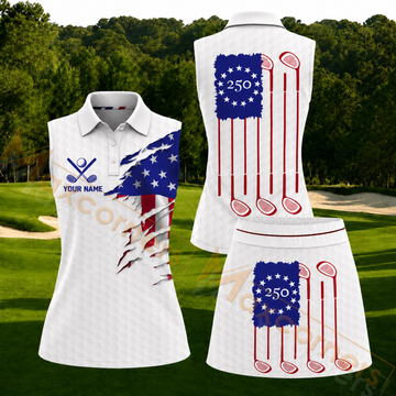 Maxcorners Patriotic USA Flag 250th Anniversary Personalized Name 3D Golf Shirt and Golf Skirt