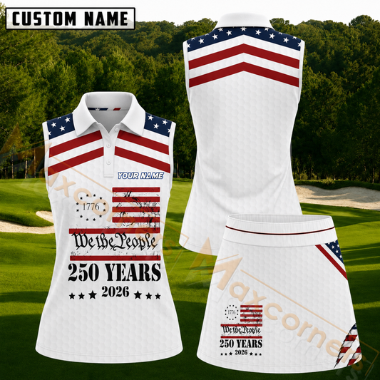Maxcorners Patriotic White USA Flag 250 Years Personalized Name 3D Golf Shirt and Golf Skirt