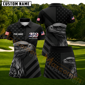 Maxcorners Black USA Freedom Eagle Personalized Name 3D Golf Shirt and Golf Skirt