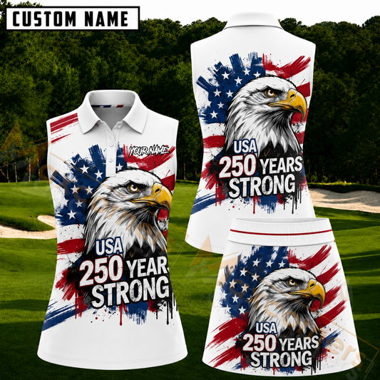 Maxcorners USA 250 Years Strong Patriotic Personalized Name 3D Golf Shirt and Golf Skirt
