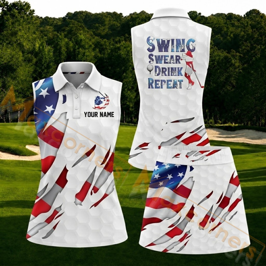 Maxcorners Swing Swear Drink Repeat Personalized Name 3D Golf Shirt and Golf Skirt