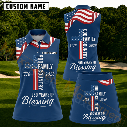 Maxcorners God Family Country Patriotic Christian Personalized Name 3D Golf Shirt and Golf Skirt