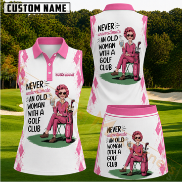 Maxcorners Pink Argyle Old Woman Golfer Personalized Name 3D Golf Shirt and Skirt