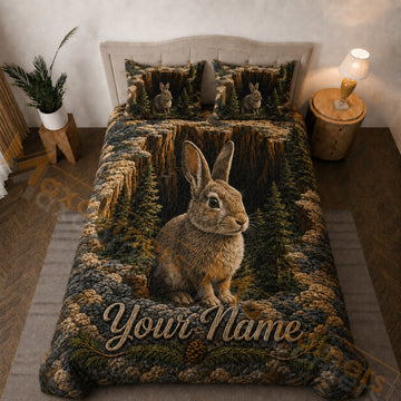 Maxcorners Brown Green Rabbit Rocky Forest Bedding Set 3D Print Custom Name