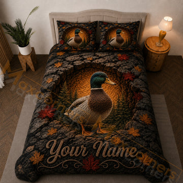 Maxcorners Black Brown Gray Duck Autumn Leaves Rocky Cave Bedding Set 3D Print Custom Name