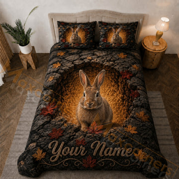 Maxcorners Black Brown Gray Rabbit Autumn Leaves Rocky Cave Bedding Set 3D Print Custom Name