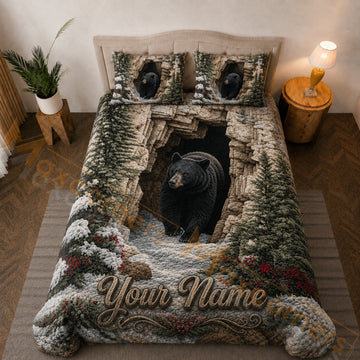 Maxcorners White Brown Green Bear Snowy Forest Cave Bedding Set 3D Print Custom Name