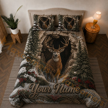 Maxcorners White Brown Green Deer Snowy Forest Cave Bedding Set 3D Print Custom Name