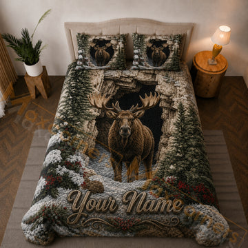 Maxcorners White Brown Green Moose Snowy Forest Cave Bedding Set 3D Print Custom Name