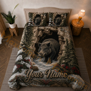 Maxcorners White Brown Green Boar Snowy Forest Cave Bedding Set 3D Print Custom Name