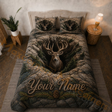 Maxcorners Rustic Brown Green Deer Forest Bedding Set 3D Print Custom Name