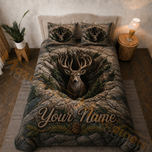 Maxcorners Rustic Brown Green Deer Forest Bedding Set 3D Print Custom Name