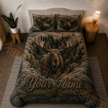 Maxcorners Rustic Brown Green Moose Forest Bedding Set 3D Print Custom Name