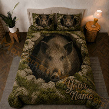 Maxcorners Olive Green Brown Wild Boar Rocky Cave Bedding Set 3D Print Custom Name