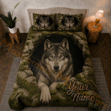 Maxcorners Olive Green Gray Wolf Rocky Cave Bedding Set 3D Print Custom Name