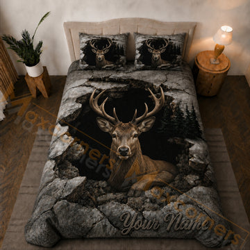 Maxcorners Gray Brown Whitetail Deer Rocky Forest Cave Bedding Set 3D Print Custom Name