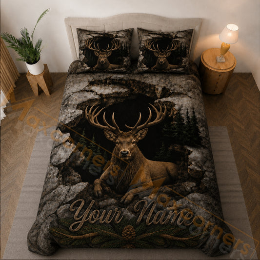 Maxcorners Gray Brown Elk Rocky Forest Cave Bedding Set 3D Print Custom Name