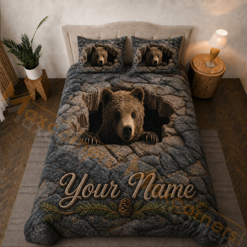 Maxcorners Gray Brown Grizzly Bear Rocky Cave Bedding Set 3D Print Custom Name