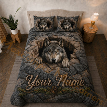 Maxcorners Gray Brown Wolf Rocky Cave Bedding Set 3D Print Custom Name