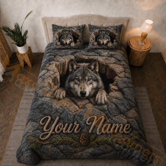 Maxcorners Gray Brown Wolf Rocky Cave Bedding Set 3D Print Custom Name