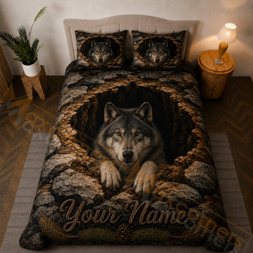Maxcorners Dark Brown Gray Wolf Rocky Cave Bedding Set 3D Print Custom Name