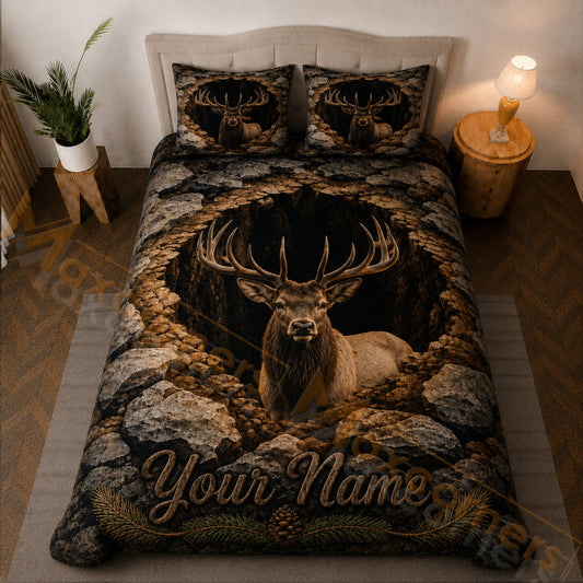 Maxcorners Dark Brown Elk Rocky Cave Bedding Set 3D Print Custom Name