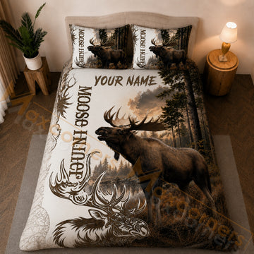 Maxcorners Moose Hunter Pine Forest Brown Bedding Set 3D Print Custom Name