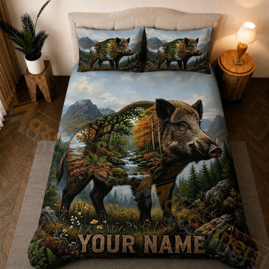 Maxcorners Majestic Stag Boar Mountain Forest Nature Bedding Set 3D Print Custom Name