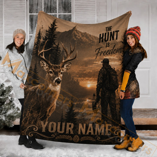 Maxcorners Hunting Wild Deer Hunter "The HUNT IS Freedom" Brown Custom Name 3D Blanket