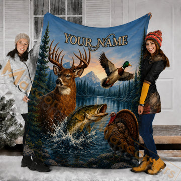 Maxcorners Hunting WildLife Lake Sunset Blue Mountain Custom Name 3D Blanket