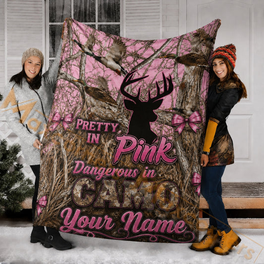 Maxcorners Hunting Pretty In Pink Dangerous In Camo Deer Duck Bows Custom Name 3D Blanket