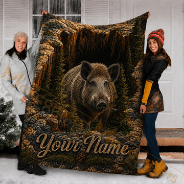Maxcorners Hunting Majestic Boar Canyon Rocky Forest Pine Needle Custom Name 3D Blanket