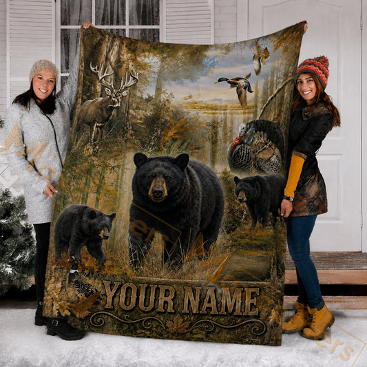 Maxcorners Hunting Black Bear Family Deer Turkey Mallard Duck Forest Custom Name 3D Blanket