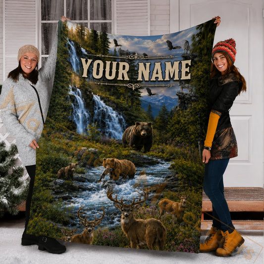 Maxcorners Hunting Waterfall Wildlife Grizzly Bear Deer Forest Mountain Custom Name 3D Blanket