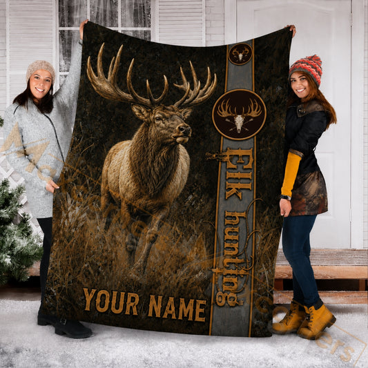 Maxcorners Hunting Wild Elk Dark Brown Grassland Custom Name 3D Blanket